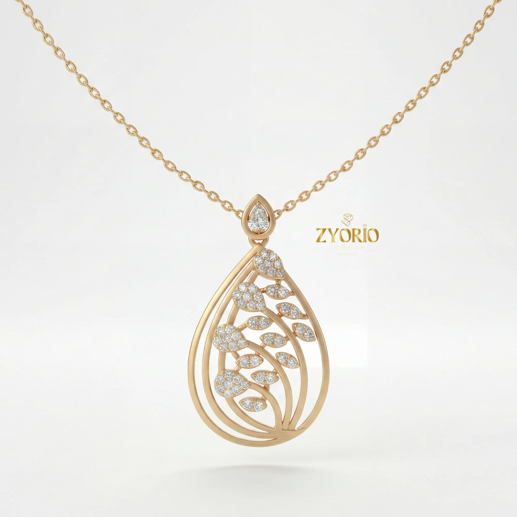 Leafy Teardrop Diamond Pendant Necklace with Link Chain Rose Gold Plated Luxury Women Engagement Wedding Party Jewelry