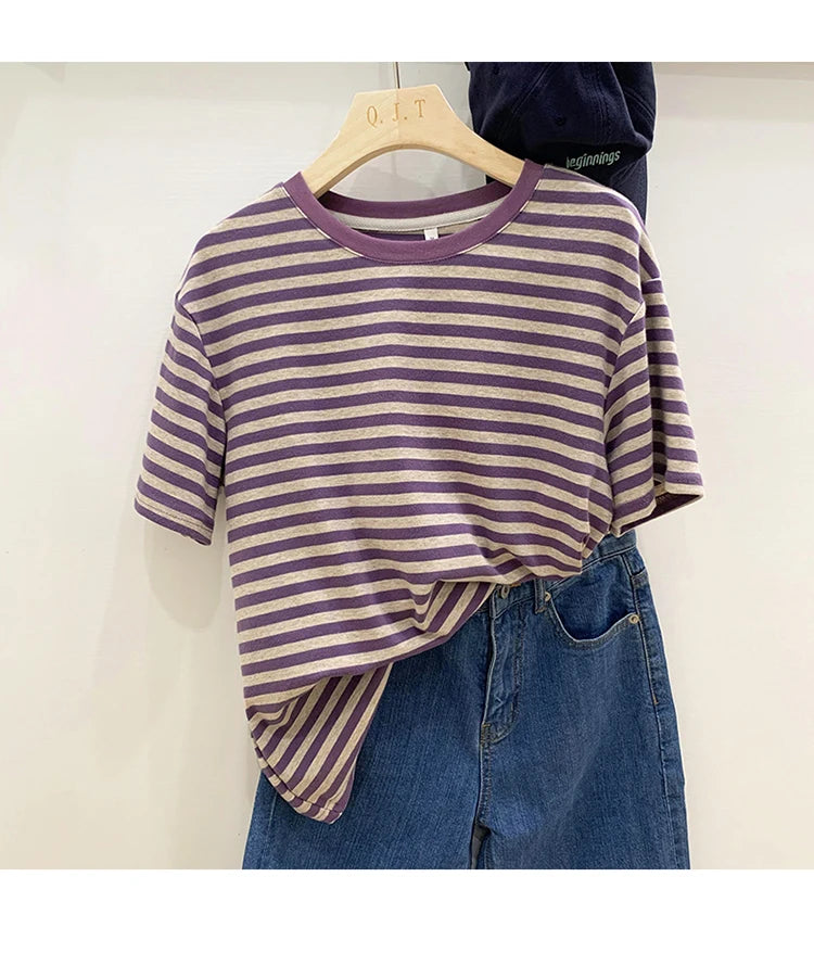 Summer Short Sleeve Striped T-Shirts Versatile Women Knitted Basic Casual Tops Female Cozy Loose Cotton Tees 2023 Harajuku Shirt