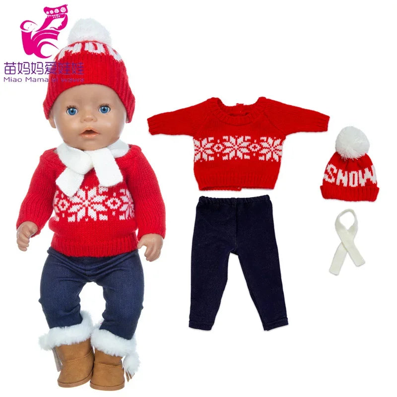 18 Inch Baby Doll Winter Clothes Set Crochet Sweater Scarf Hat Gloves New Year Apparel for 43 Cm Girl Dolls