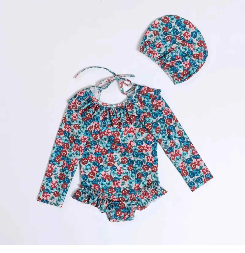 Kids Swimwear for Girl New Summer Baby Girls Cute Cherry Floral Swimsuit Set Long Sleeves/Sling Sunscreen Swimsuit Bikini H503