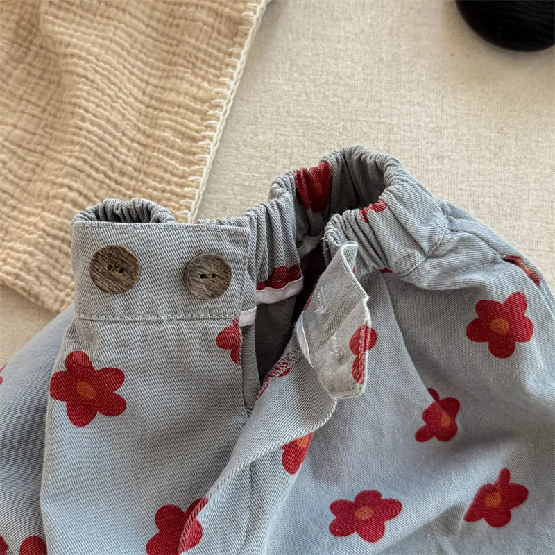 2026 Spring New Children Casual Pants Fashion Flower Print Girls Harem Pants Cotton Kids Loose Trousers Boys Cute Baby Clothes