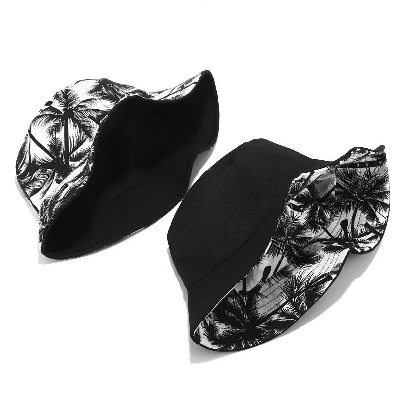 Unisex Reversible Double Sided Black Coconut Tree Printed Fisherman Caps Bucket Hats Men Women Outdoor Travel Visor Hiking Hat