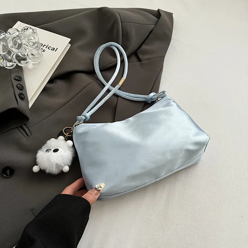 High Quality Solid Color Fashion Elegant Shoulder Bag Smooth Cloth Satin Underarm Bag Leisure Shoulder Bag Lady Handbags Purse