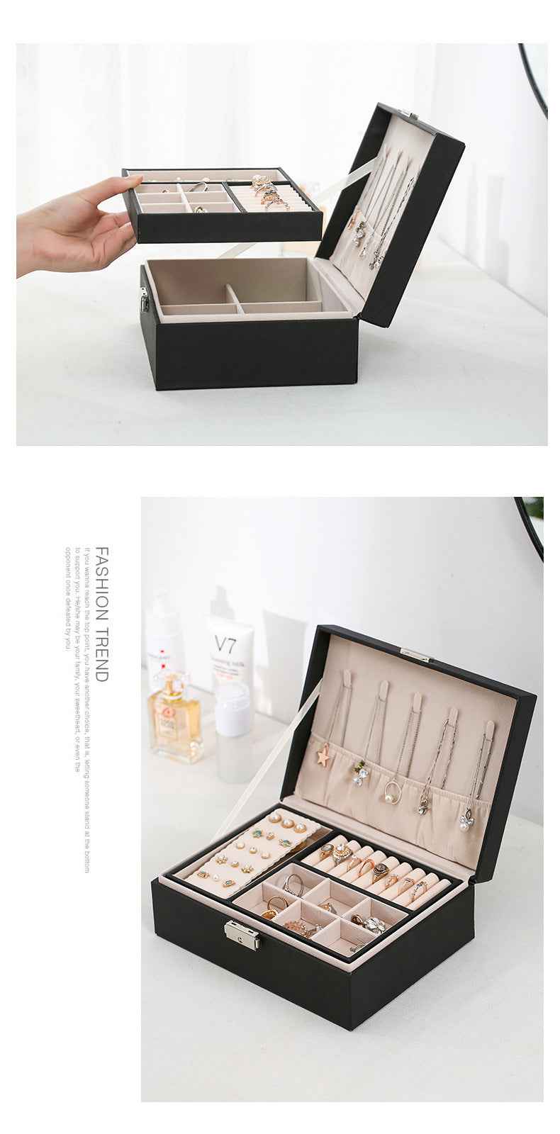 Double-layer Wooden Jewlery Box Ring Box Jewelry Boxes and Packaging with PU Leather Jewelry Storage Organizer and Makeup Case