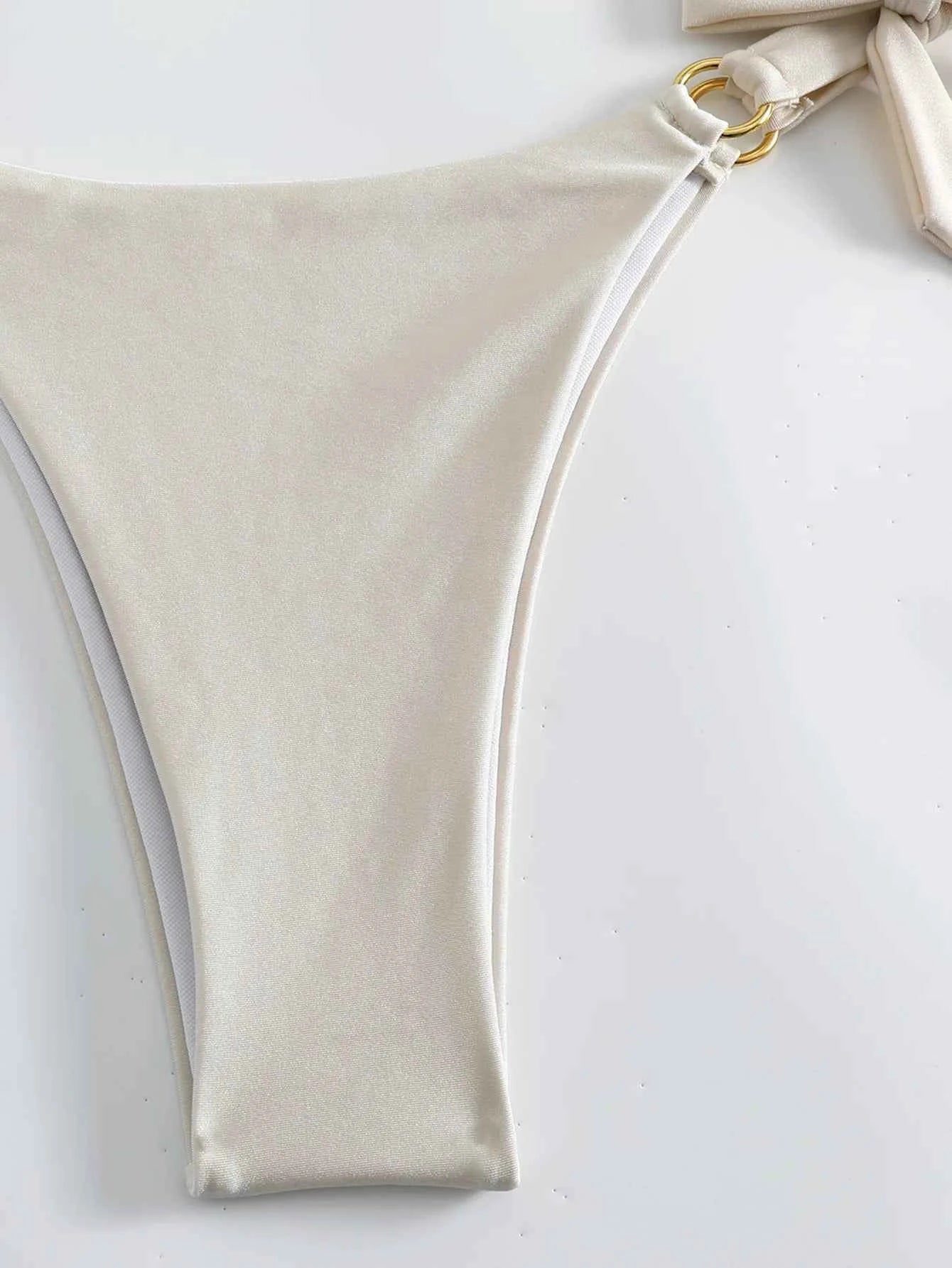 Micro Bikini Sexy Women Swimsuit 2024 Solid Beige Halter Ring Linked Push Up Mini Bikinis Summer Bathing Suit Thong Swimwear