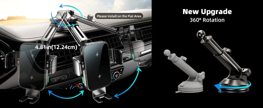 15W Car Phone Holder Wireless Car Charger Dual Coil Dash Vent Windshield Auto Clamping Charging Phone Holders for iPhone S24/S23