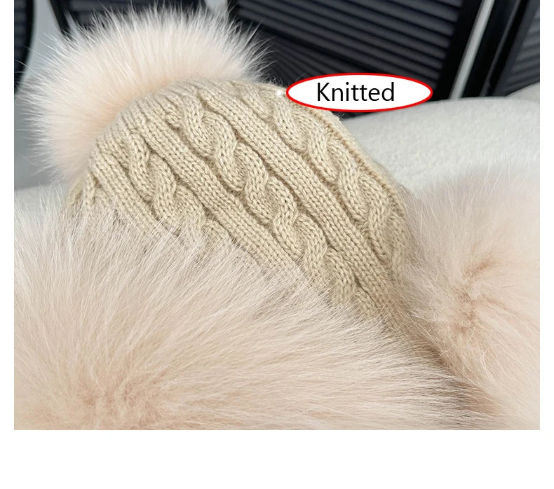 Winter Women Real Fox Fur Hat Fashion Casual Outdoor Warm Knitted Hats Girl Lovely 100% Natural Fox Fur Ear cap bomber caps