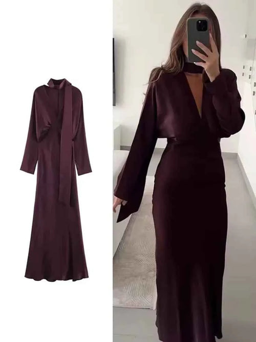 2026 New Scarf Solid Elegant Maxi Dresses Women Spring V Neck Long Sleeve Club Party Long Dress Female Chic Slim Fit Dresses