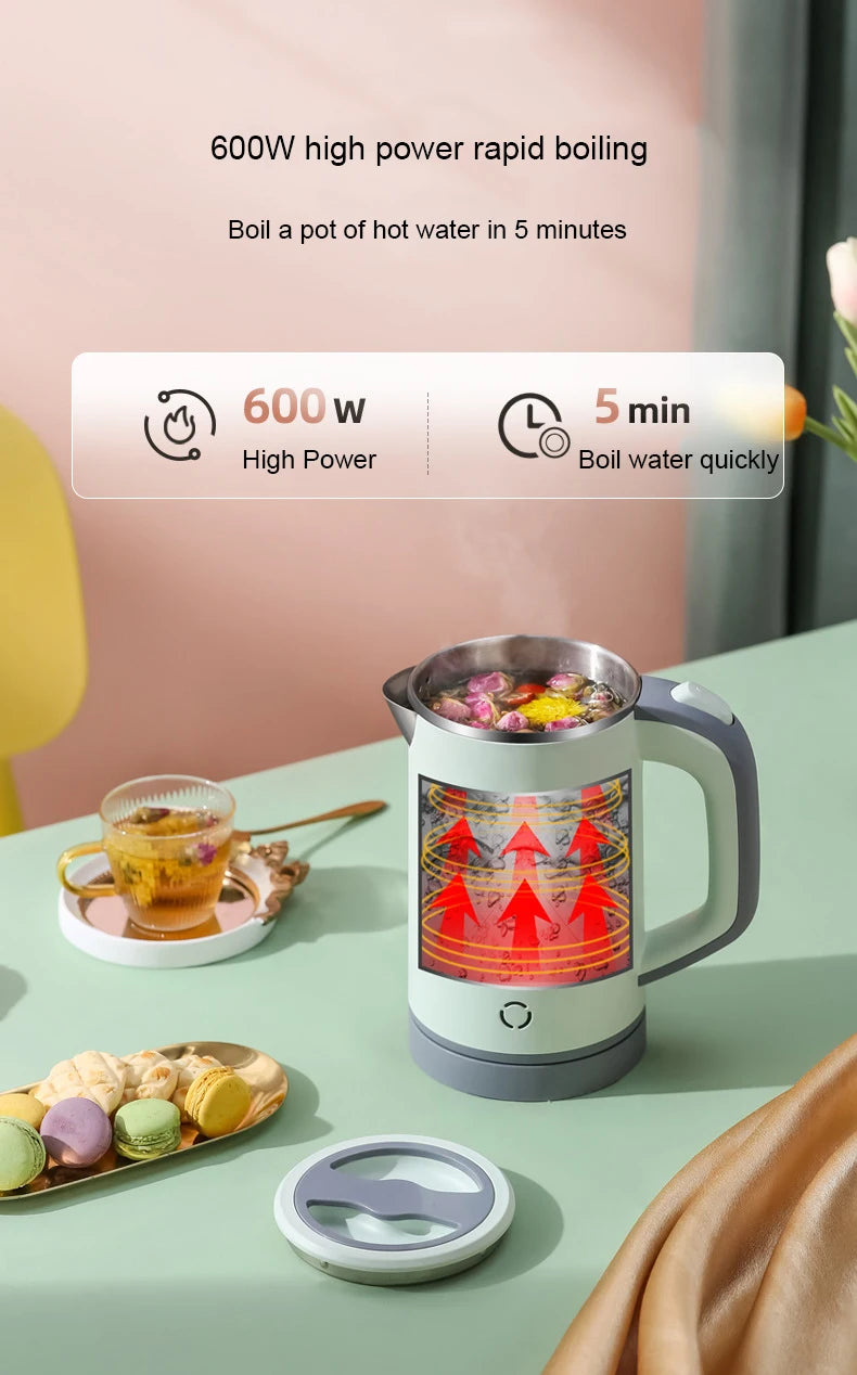110V/220V Travel Electric Kettle MINI Boiling Teapot Cup Heater Portable Stainless Steel 0.8L Hot Water Quick Heating Pot Boiler