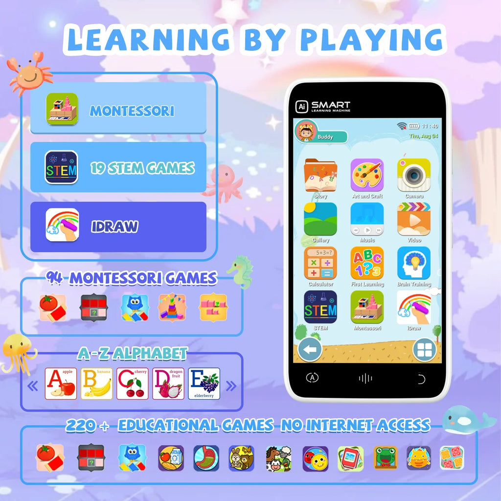 Kids Toys Smart Phone With 3.97" Touchscreen Dual Cameras 220+ Games Toddler Cell Phones Learning Toys for Children Festive Gift