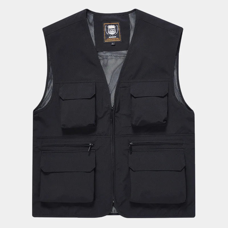 FGKKS Brand Men's Fashion Vest Solid Color Tooling Style Waistcoat Thin Multi-Pocket Casual Loose Vest for Men