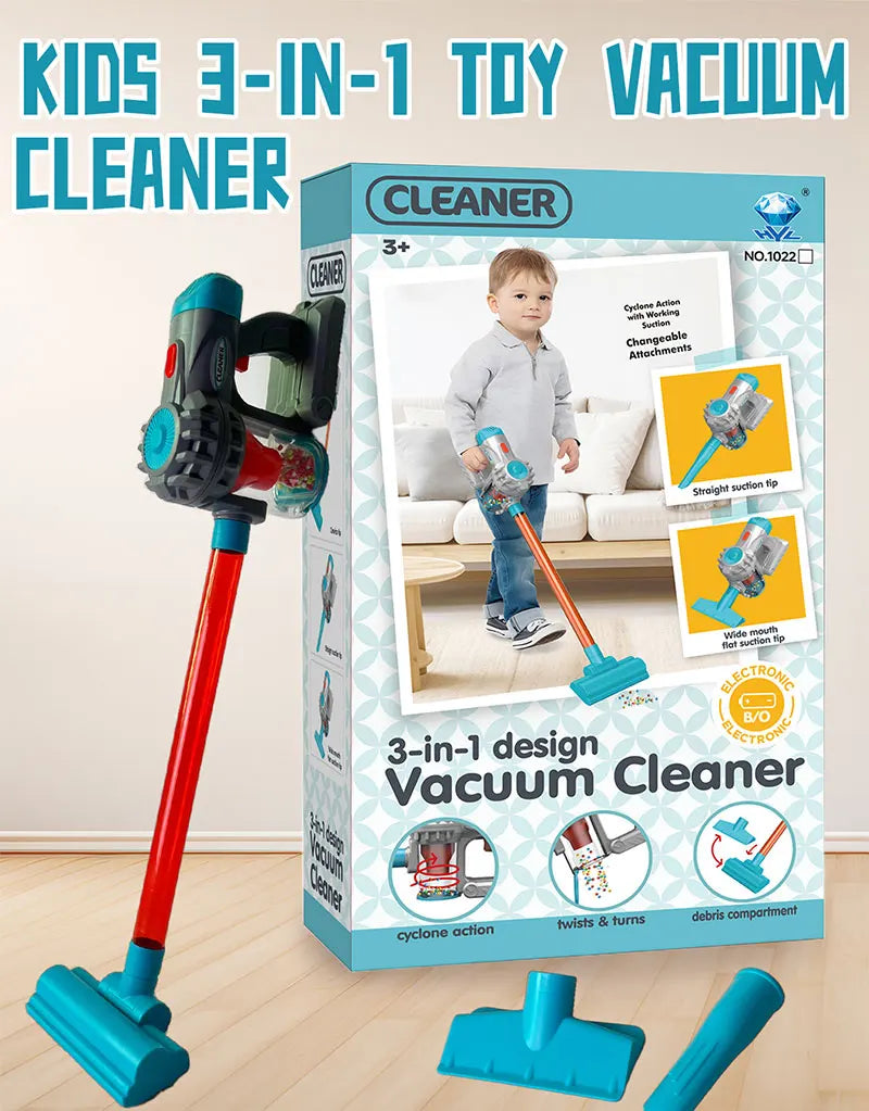 Kids 3-in-1 Toy Vacuum Cleaner – Light & Sound Stick/Handheld, Detachable Debris Bin, Cyclone Beads, 2 Attachments, Role-Play Ho