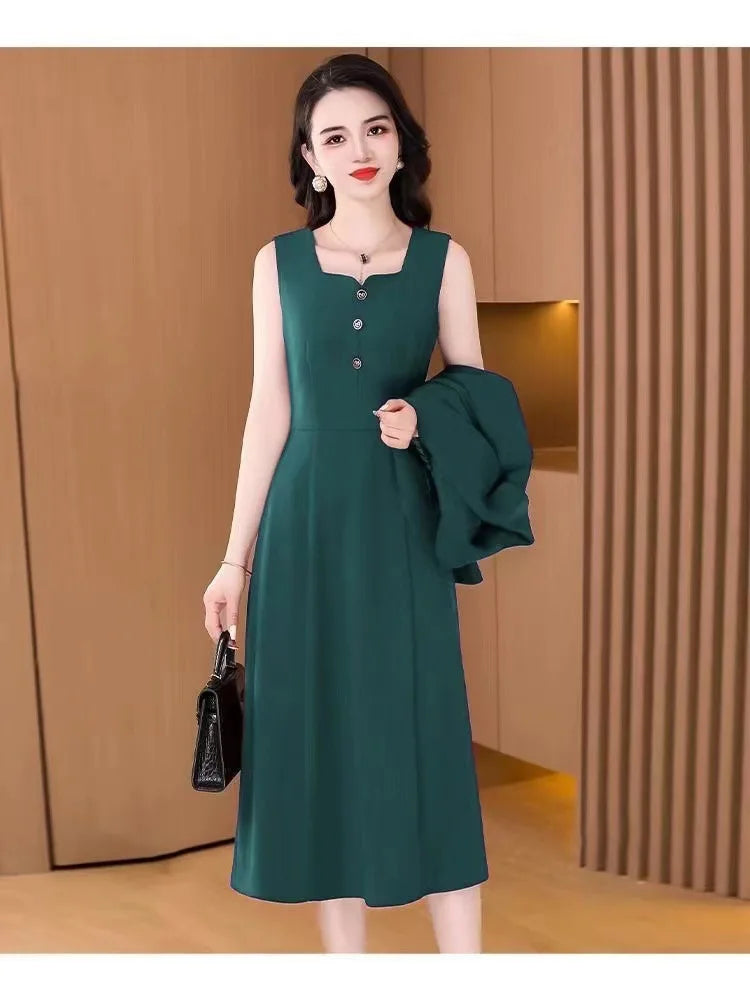 Fashionable Red Two-Piece Set Korean Japanese Style Women's Dress Suit Autumn Spring Lightweight Polyester Commute Style