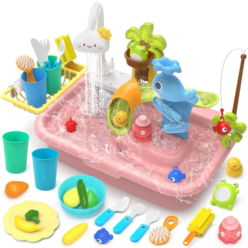 Kids Electric Kitchen Sink Toys with Running Water, Pretend Play Dishwasher & Fishing Toys, Educational Role Play Gift for Girls