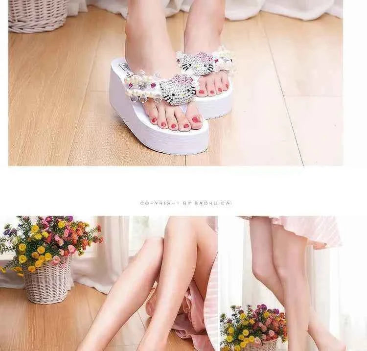 Hello Kitty Kawaii Soft Flip Flop Sandals Y2k Beach Slides Shoes Women Casual Wedge High Heels Platform For Slippers Ladies Gift