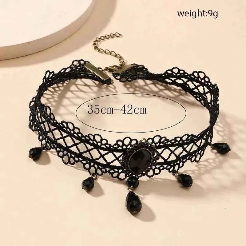 Vintage Black Lace Flower Choker Necklace for Women Fashion Classic Crystal Tassel Beaded Chain Necklace Jewelry Gifts