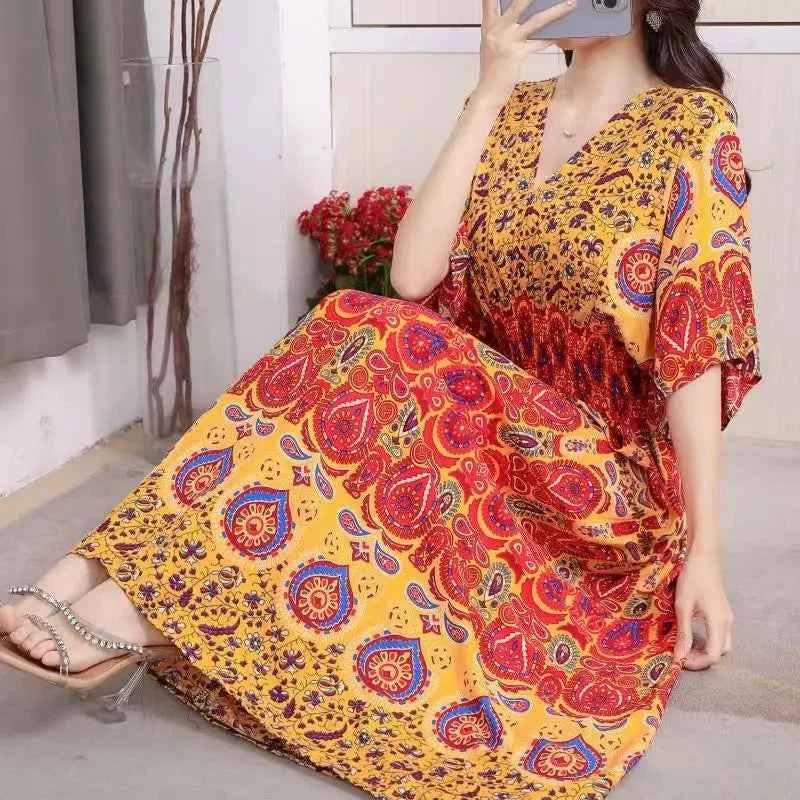Colorful Flower V-neck Elastic Youthful Bohemian Sweet Midi Dress Woman Clothes Chic Fashion Summer Dresses 2025 Large Swing Ski