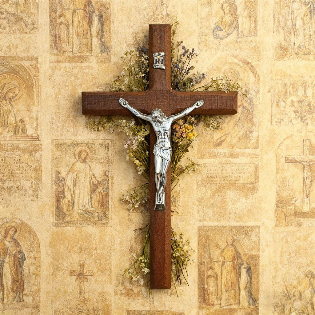 7.8 Inch Wooden Wall Cross Decor Hand Carved Catholic Home Decoration for Table or Wall Hanging Gift for Baptism Birthday