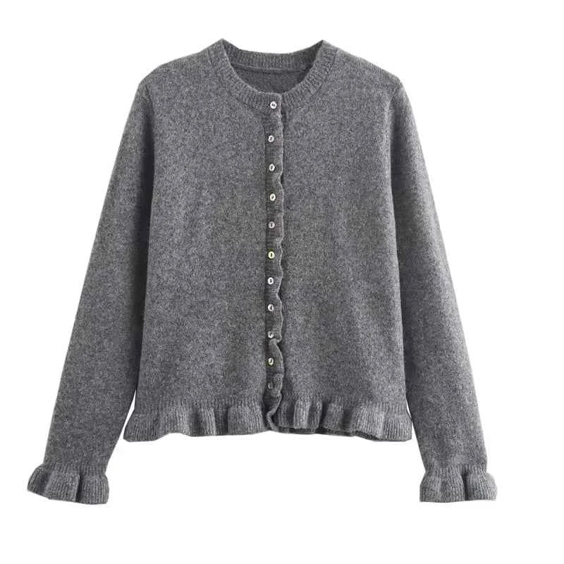 HXAO Sweater Cardigans Ruffle Long Sleeve Knitted Cardigan For Women Autumn Bolero Knitwears Button-Down Bluey Gray Cardigan