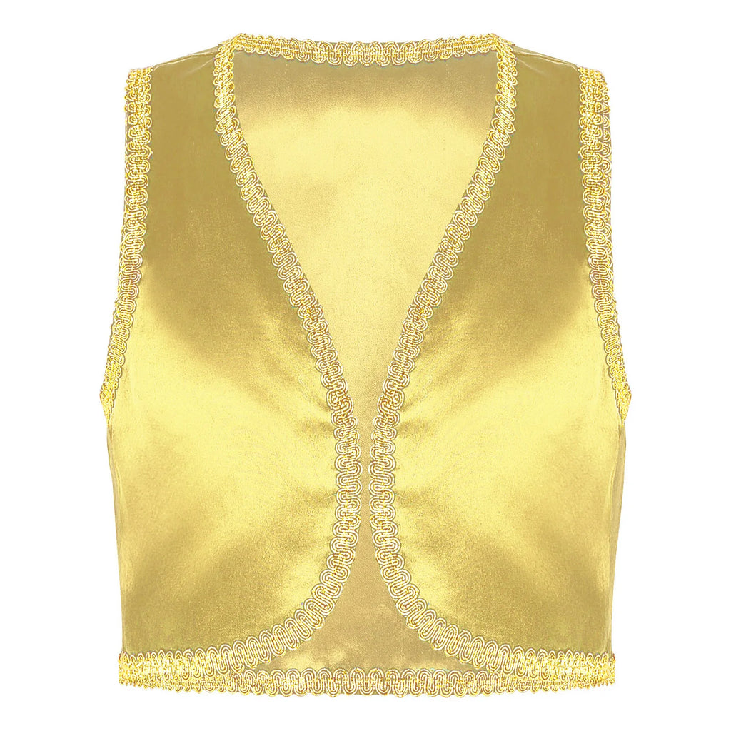 Children Boys Arabian Prince Costume Genies Vest Open Front Golden Genies Waistcoat for Party Halloween Cosplay Fancy Dress Up