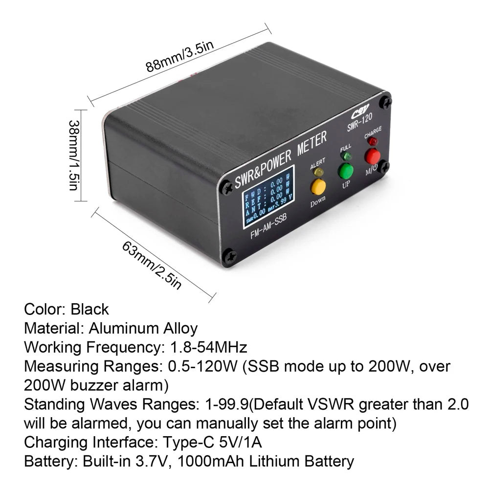1.8-54MHz Shortwave Meter 120W SWR Digital Power Standing  Meter FM AM SSB Modes Power Meter Support SWR/Power Tool