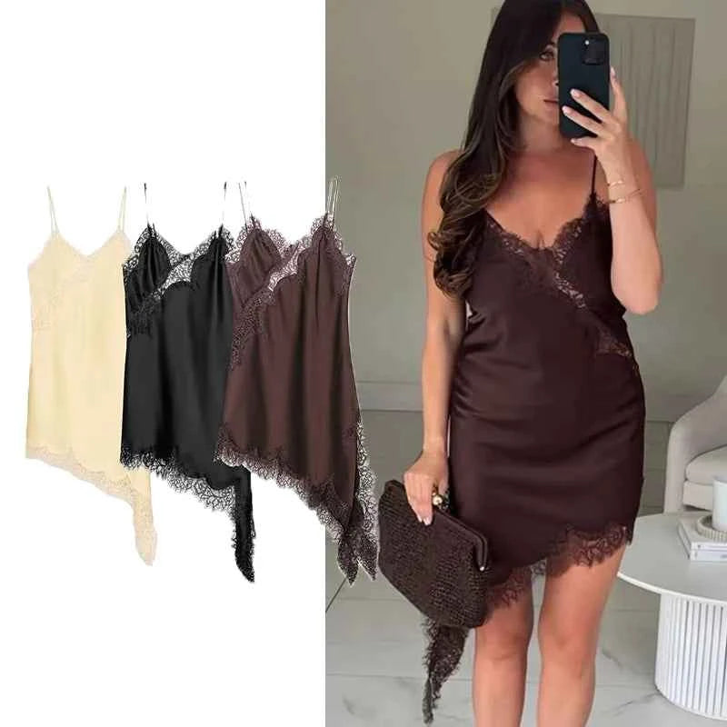 TFMLN Women Sexy Lace Splicing Dresses Summer Solid Sleeveless Asymmetry Dress Backless Slim Women's  Party Sling Mini Dress
