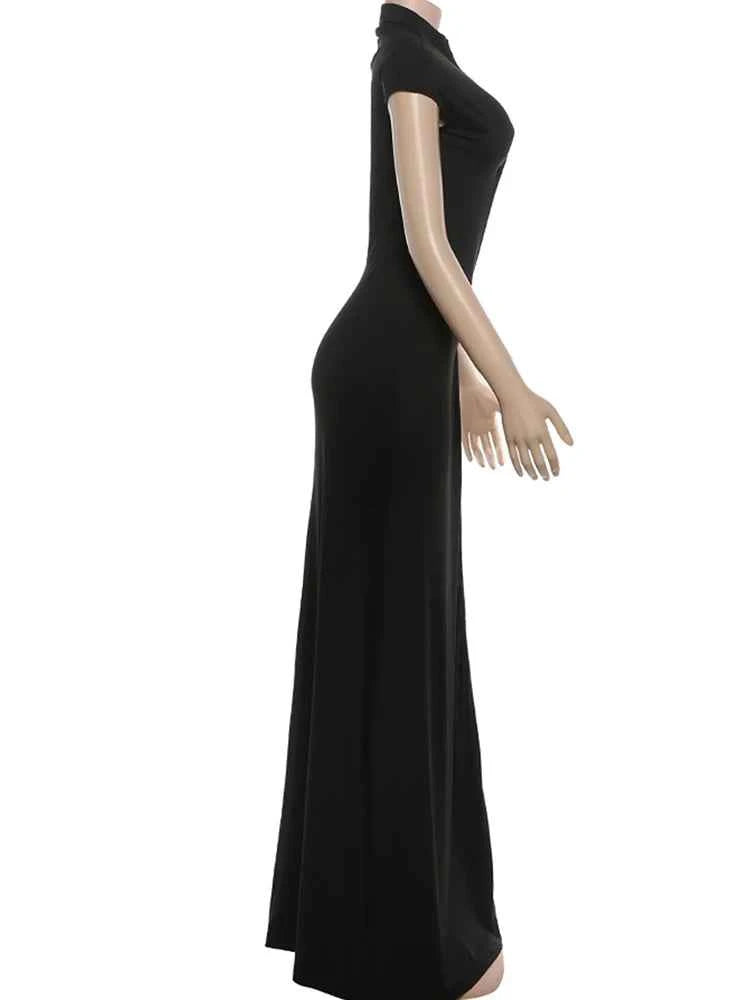 Kliou Sexy High Splits Solid Long Dress Woman Half High Collar Short Sleeve Hollow Design Midnight Club Party Elegant Vestidos