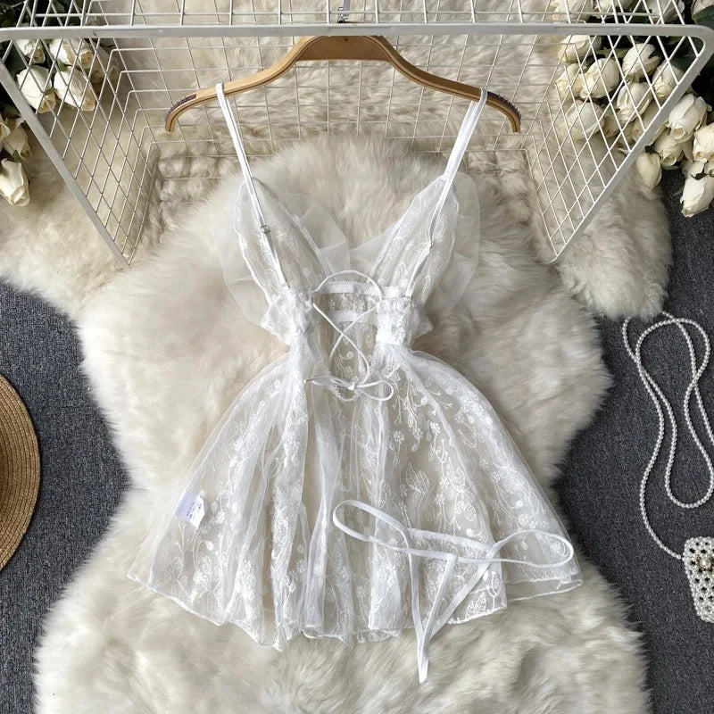 Summer Girls Sexy Hot Sweet Transparent Suspender Mini Dress Women Elastic Waist And Backless Strap Lolita Pajamas Bubble Skirt
