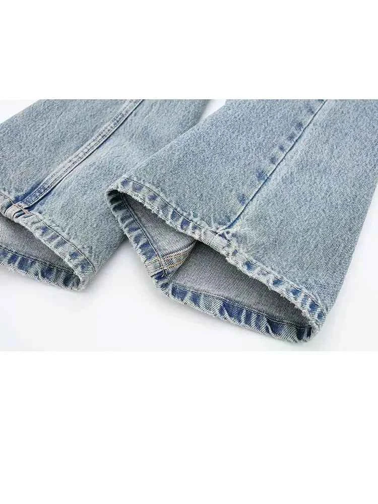 HH 2024 Women's Street Fashion Denim Blue Jeans Distressed Patchwork High Waist Zipper Fly Ripped Retro Long Pants