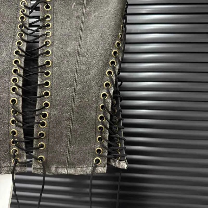 DEAT Fashion Vintage Bandage Design Hollow Out PU Short Strapless Vest For Women Outwear High Street Tank Tops Female 11A04791