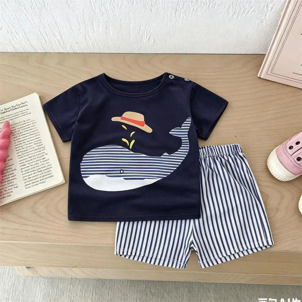 Boys Trendy Costume Printed T-shirt+Shorts Casual Sports Wear Cartoon Tees All-match Shorts Two Piece Set Toddler Clothing