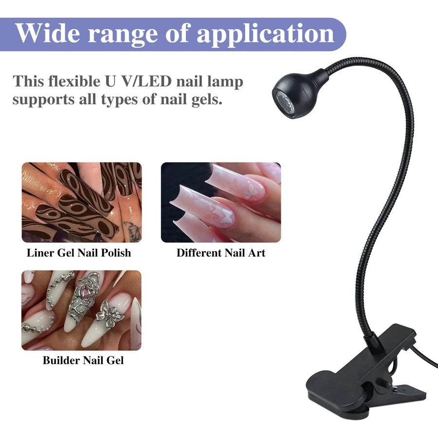 3W UV Nail Lamp 395nm LED Clip-on Flexible 360° USB Portable Desk Light Manicure Salon Dryer Curing for Gel Nails Resin Art Gift