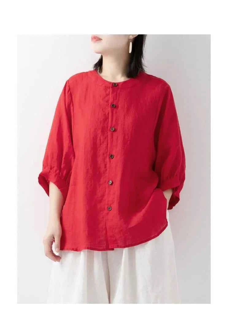 Cotton and linen shirt women's spring and summer thin solid color lantern sleeve stand collar top loose large size shirt