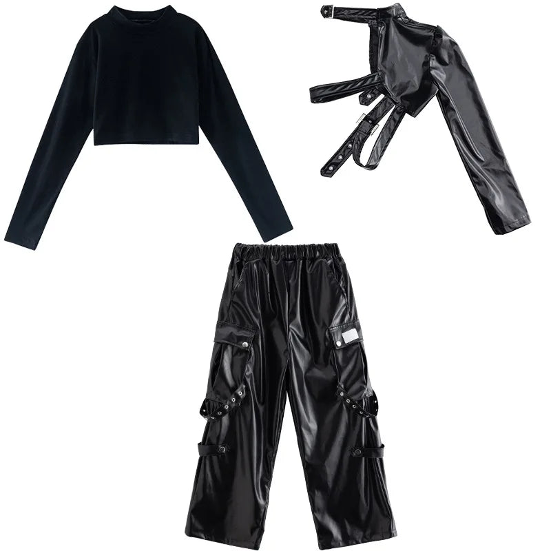 Kid Hip Hop Clothing T Shirt Crop Top Wine Red Arm Sleeve Faux Leather Casual Cargo Pants for Girl Jazz Dance Costumes Clothes