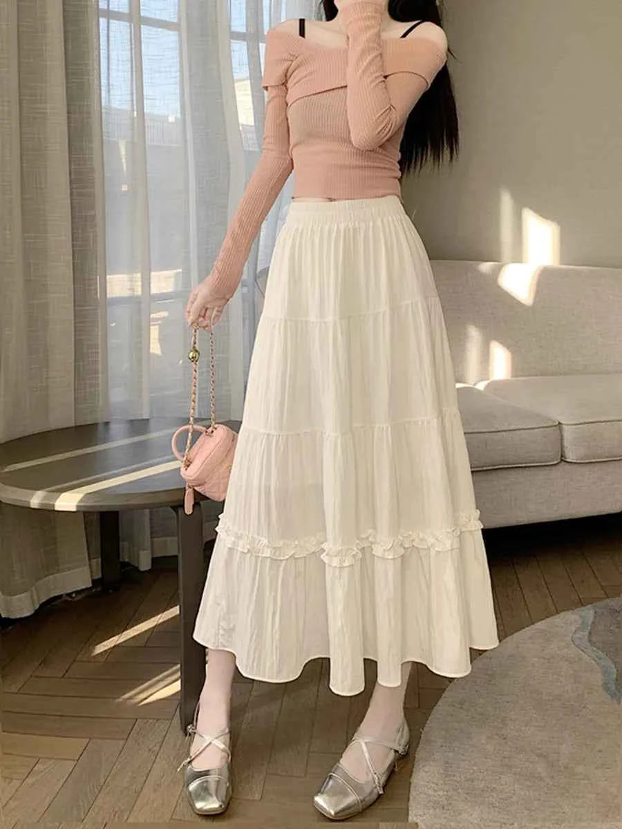 Matching Chic lady's white skirt sweet girls cake skirt elastic waist a line mid length flare skirt