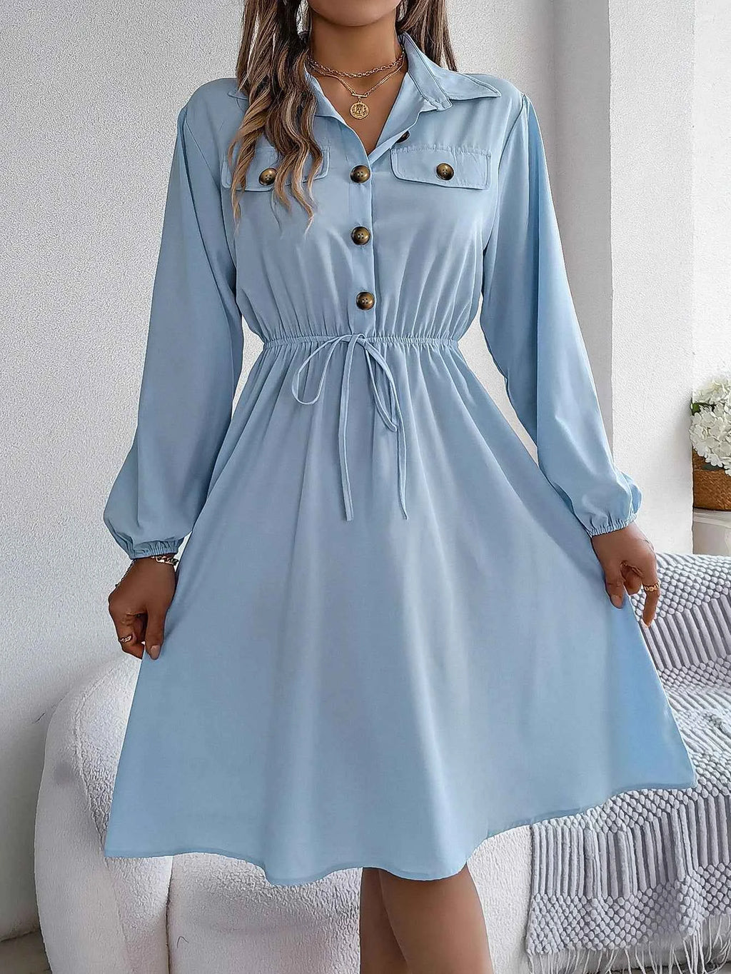 Autumn Winter Dresses for Women Casual Solid Color Button Tie Up Long sleeved Shirt Dress Blue  Green Black Red Woman Clothing