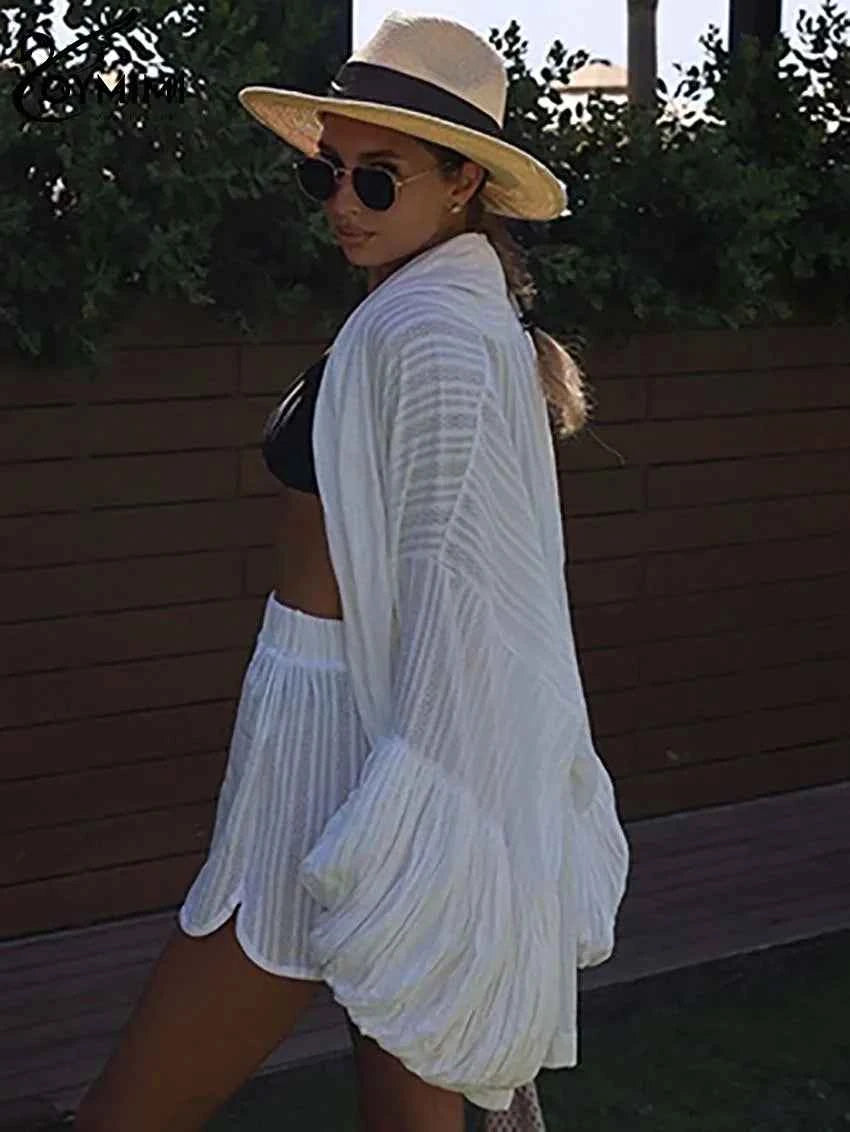 Oymimi Fashion White Cotton Women's Two Pieces Set Elegant Puff Sleeve Loose Lace-Up Shirts And High Waisted Shorts Female Sets
