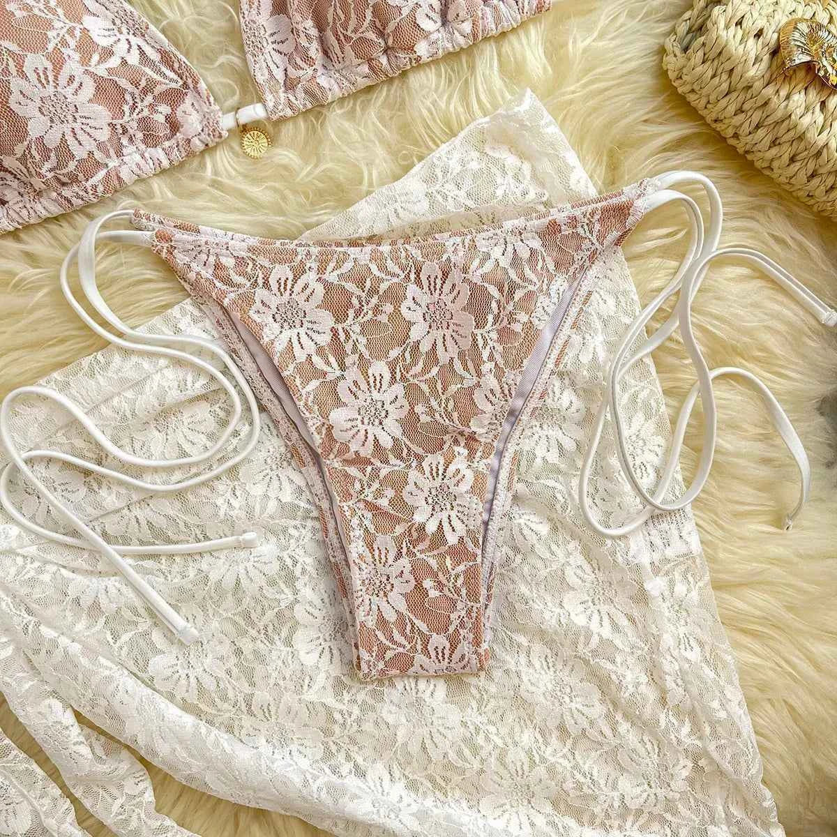Lace Fabric Three-pieces Swimsuit Set With Sarong Bikini Inspired Women's Swimwear Beachwear Bathing Suit Vacay Outfit Biquini