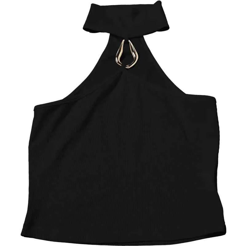 Metal Buckle Decoration Tank Tops Women Turtleneck Off Shoulder Skinny Stretch Street Fashion Wild Style Solid Outfits