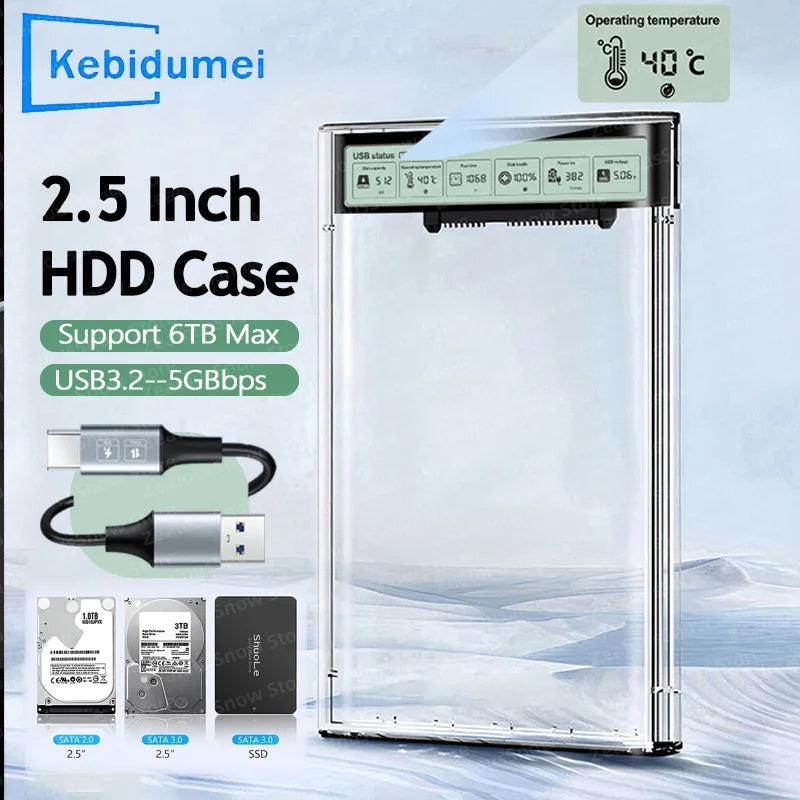 USB3.2 HDD Enclosure 2.5 inch HDD SSD External Hard Drive Case with Display Screen Clear Portable Storage Case for Laptop PC