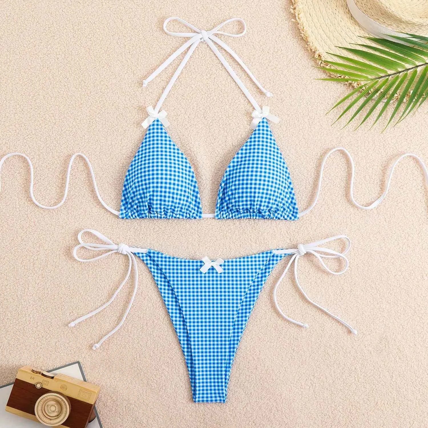 Circyy 2026 Bathing Suit Women Plaid Dot Split Swimsuit Neck-mounted Bow Tie Beachwear Vintage Simple Two-piece Bikinis Summer