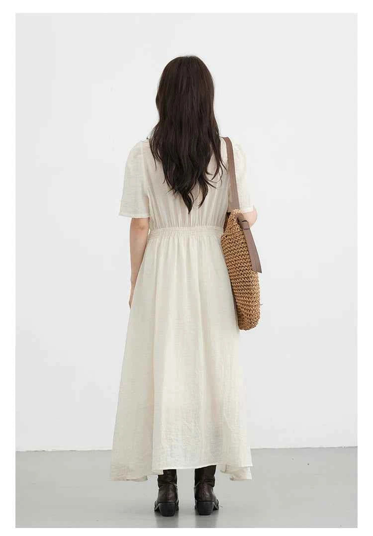 CHIC VEN Women Dresses French Style Vintage V-neck Puff Sleeve Long Dress Solid Black Loose Female Clothing Summer New 2023