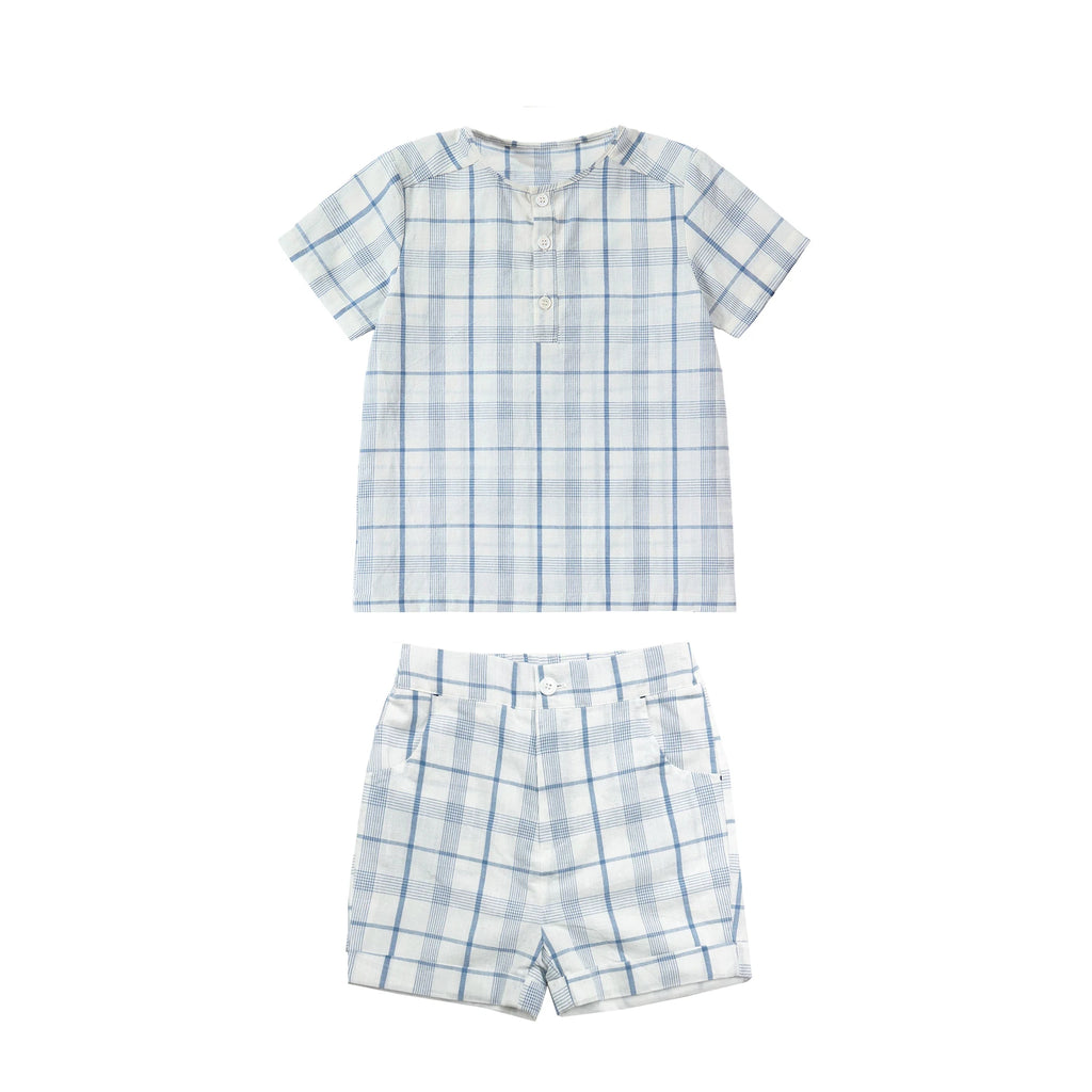 AP Barcelona Blue Collection Girls Dress Embroidery Brothers Sisters Family Matching Clothing Boys Plaid Set Knit Top