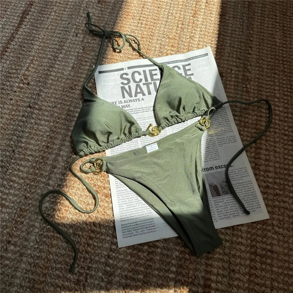 Solid Orange Swimwear Metal Ring String Halter Triangle Micro Bikini Thong Sexy Swimsuit Women 2026 Bathing Suit Bikinis Sets