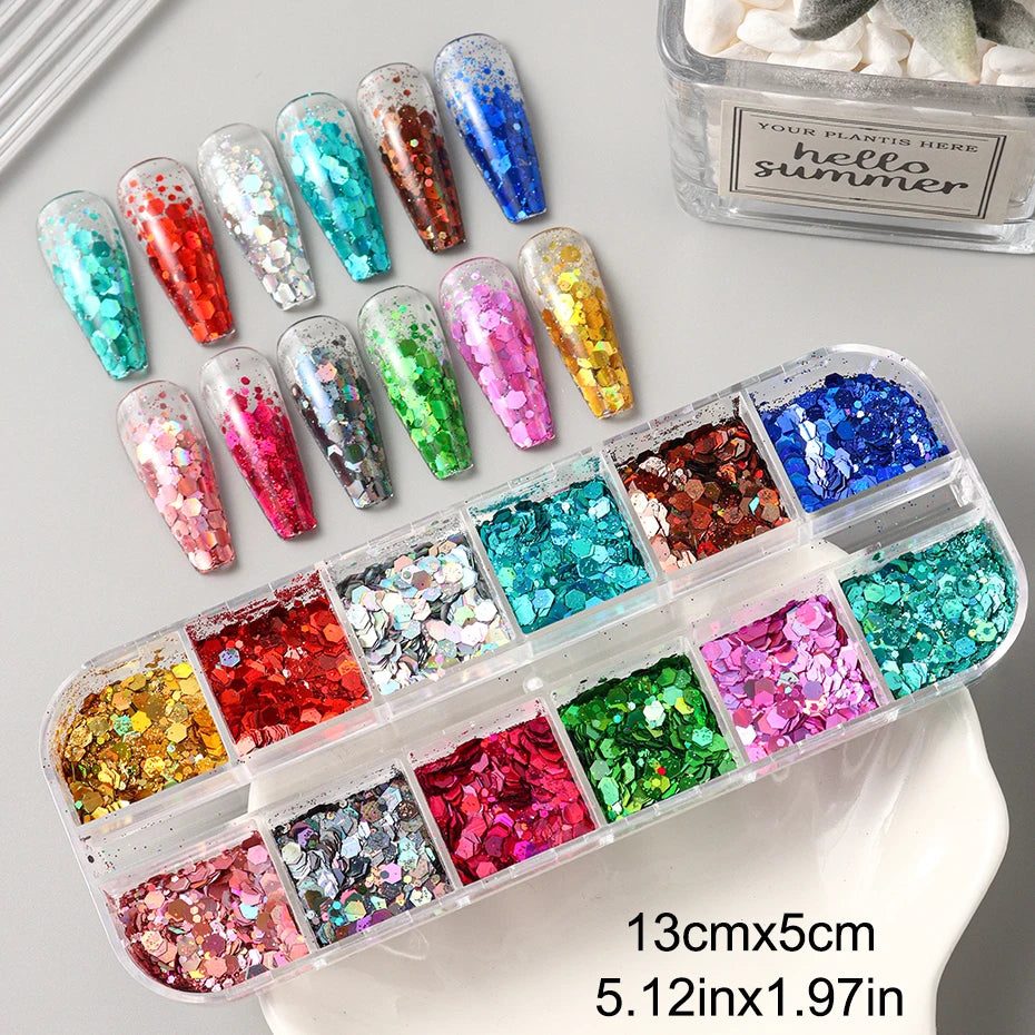 12 Colors Sparkly Holographic Nail Art Glitter Sequins Laser 3D Hexagon Flakes Nail Powder Makeup Nail Art Decorations Manicure