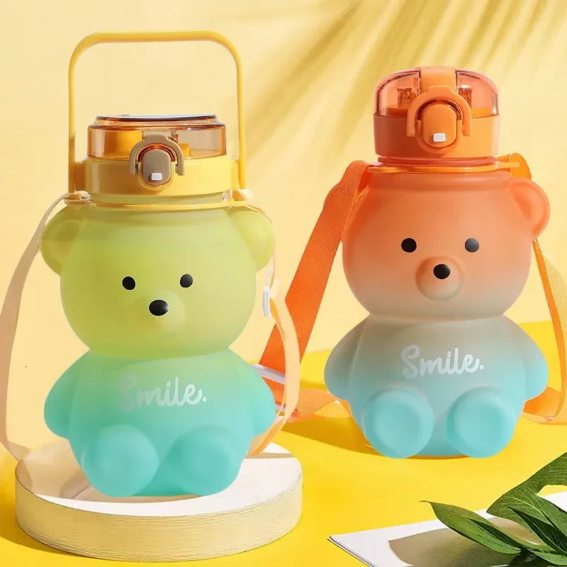 Bear Water Bottle 800ml Cute Kawaii Teddy Bear Water Bottle with Straw & Strap Leak-Proof Drinking Cup Gift for Kids & Girls