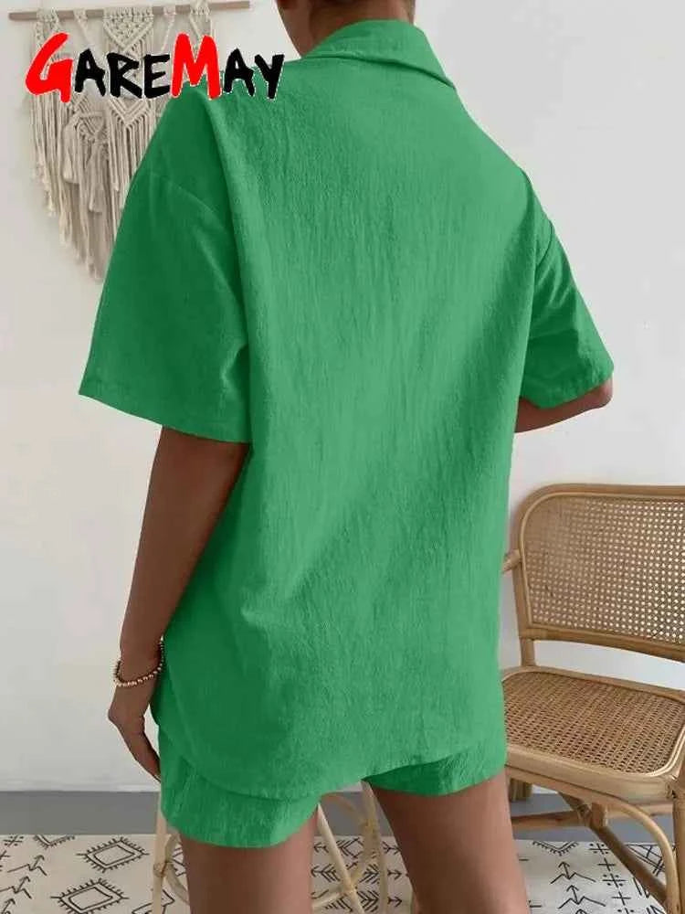 Women's Cotton Suit  Short Sleeve Casual Elegant Green Soild Two Piece Set Women Outfit Suit Shorts and Shirt for Women