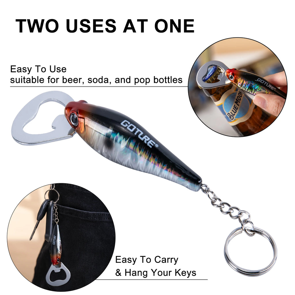 Goture Durable Beer Bottle Opener Fishing Lure Shape Key Design Stainless Steel Flat Speed Bottle Cap Opener for Kitchen Tool