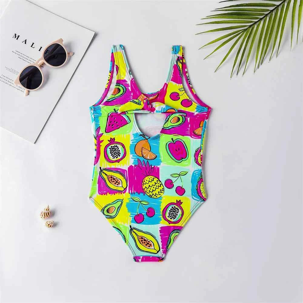 Girls' one-piece cartoon print swimsuit, children's polka-dot animal one-piece swimsuit with hollow back, beach wear