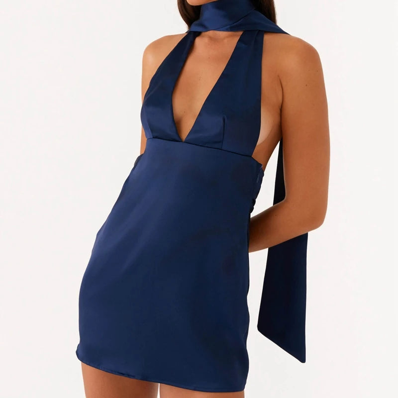 Maemukilabe Y2k Sexy Backless Short Dresses Lady Silk Satin Halter Mini Bodycon Dress with Scarf Women Club Party Night Dress